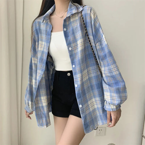 Celestial Comfort Women’s Plaid Shirt - Long-Sleeve Vintage Preppy Style Blouse, Single-Breasted and Loose Fit - Celestial Comfort Clothing
