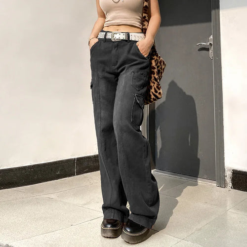 Obsidian Phoenix Women's High-Waist Straight-Leg Jeans - Luxury Irregular Pocket Design Casual Streetwear