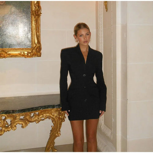 Obsidian Phoenix Black Blazer Mini Dress - Elegant V-Neck, Single-Breasted High-Waist Design, Perfect for Ladies' Commute Wear