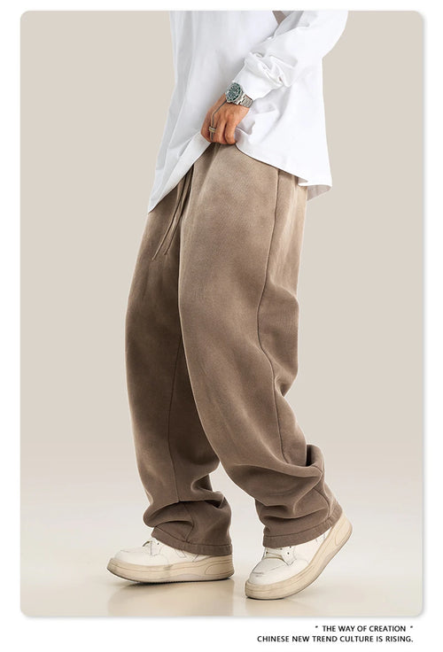 Obsidian Phoenix Unisex Luxury Washed Fleece Pants - 332gsm Retro High Street Warm Oversized Straight-Leg Trousers