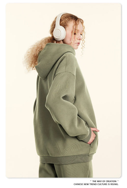 Obsidian Phoenix Unisex Luxury Solid Fleece Hoodie - 345gsm Loose-Fit Warm Hooded Pullover with Side Zipper Pockets