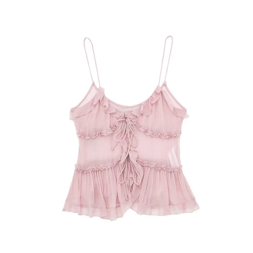 Celestial Comfort Ruffled Front Tie Tank Top - Semi-Sheer, Backless with Thin Straps, Sexy Women’s Camisole - Celestial Comfort Clothing