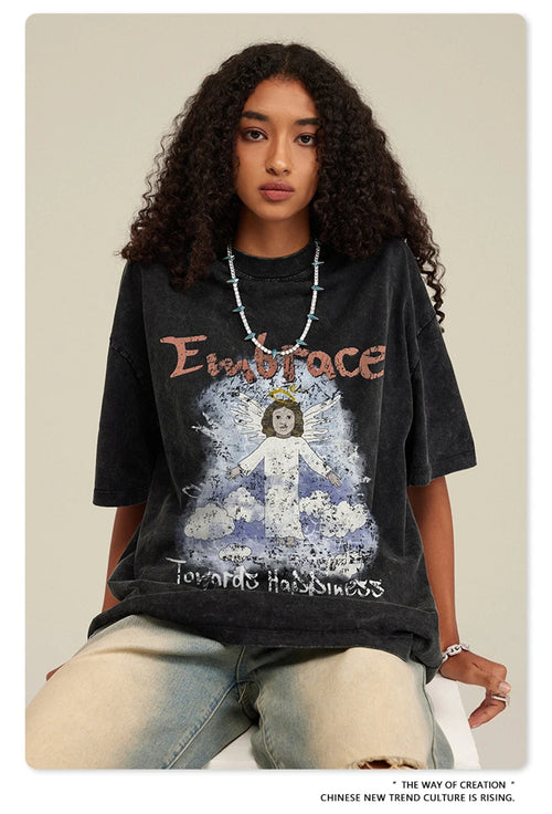Obsidian Phoenix Unisex Luxury Angel Print T-Shirt - 270gsm Washed Cotton Retro Hip Hop Tee