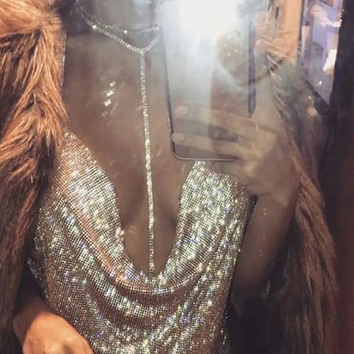Celestial Comfort Rhinestone Backless Crop Top - V-Neck Glitter Metal Tank Top - Celestial Comfort Clothing