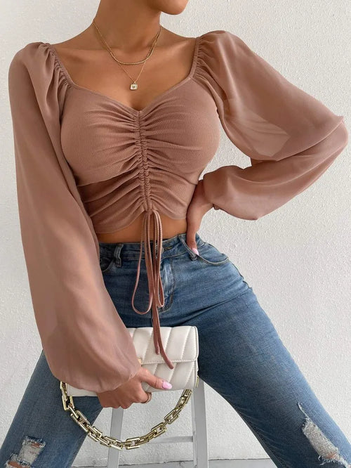 Obsidian Phoenix Women's Luxury Sweetheart Neck Crop Top - Drawstring Ruched Lantern Sleeve Slim Fit Blouse