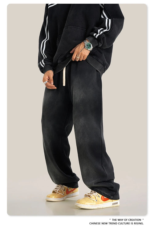 Obsidian Phoenix Unisex Luxury Monkey Washed Fleece Pants - 370gsm High Street Warm Oversized Straight Sweatpants