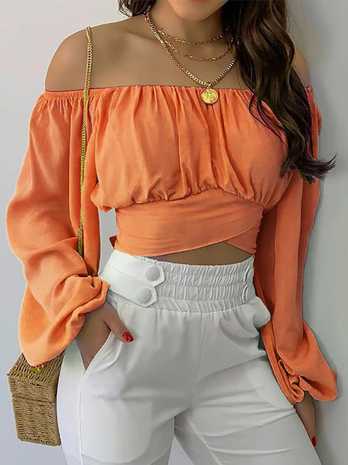 Obsidian Phoenix Women's Luxury Off-Shoulder Printed Blouse - Chic Lantern Long Sleeve Lace-Up Bow Cropped Top