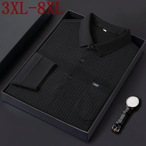 Obsidian Phoenix Luxury Striped Polo Shirt with Pocket - High-End Loose-Fit Business Casual Men’s Shirt in Sizes Up to 8XL
