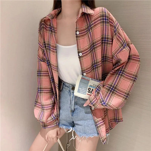 Celestial Comfort Women’s Plaid Shirt - Long-Sleeve Vintage Preppy Style Blouse, Single-Breasted and Loose Fit - Celestial Comfort Clothing