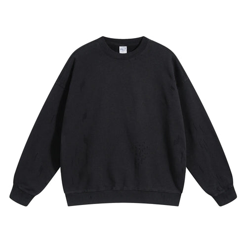 Obsidian Phoenix Unisex Luxury Distressed Cotton Sweatshirt - 430gsm High Street Loose-Fit O-Neck Pullover with Ripped Holes