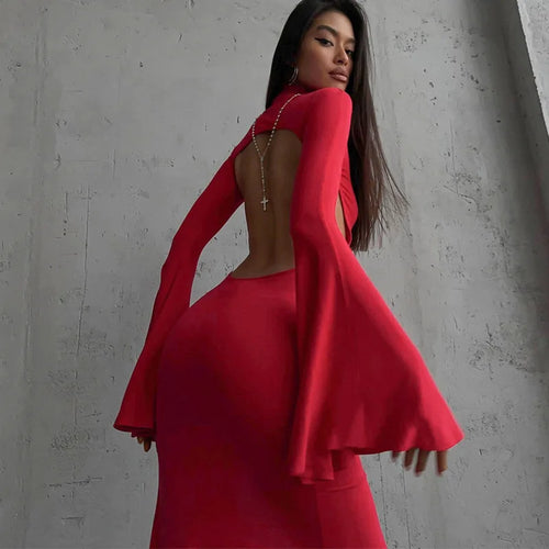 Celestial Comfort Women's Elegant Open-Back Maxi Dress - Sexy Split Chic Flare Sleeve Party Club Fashion Vestido - Celestial Comfort Clothing