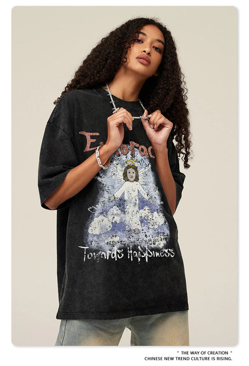 Obsidian Phoenix Unisex Luxury Angel Print T-Shirt - 270gsm Washed Cotton Retro Hip Hop Tee