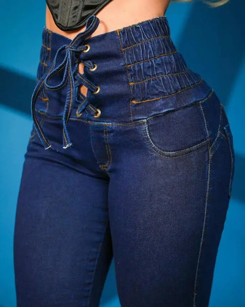 Obsidian Phoenix Women's High-Waist Skinny Jeans - Luxury Grommet Eyelet Lace-Up Denim Trousers with Pocket Design