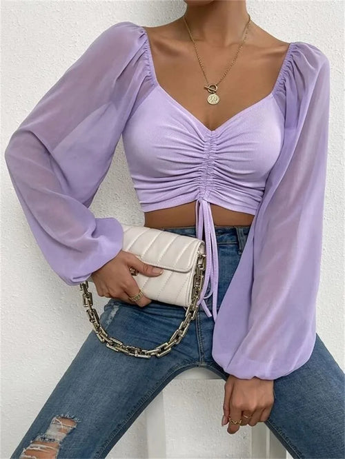 Obsidian Phoenix Women's Luxury Sweetheart Neck Crop Top - Drawstring Ruched Lantern Sleeve Slim Fit Blouse