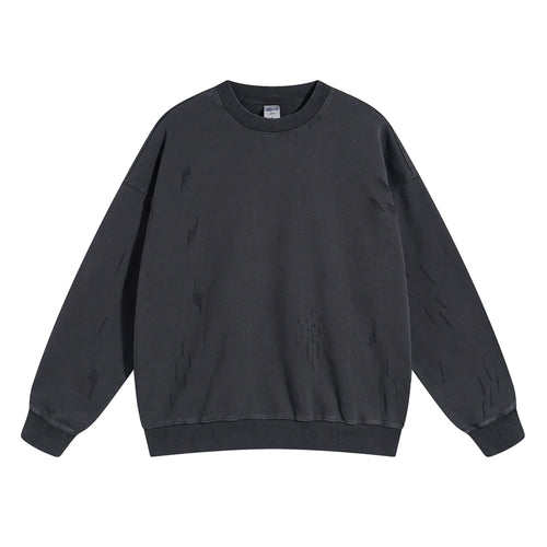 Obsidian Phoenix Unisex Luxury Distressed Cotton Sweatshirt - 430gsm High Street Loose-Fit O-Neck Pullover with Ripped Holes