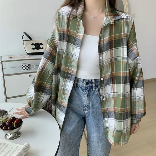 Celestial Comfort Women’s Plaid Shirt - Long-Sleeve Vintage Preppy Style Blouse, Single-Breasted and Loose Fit - Celestial Comfort Clothing