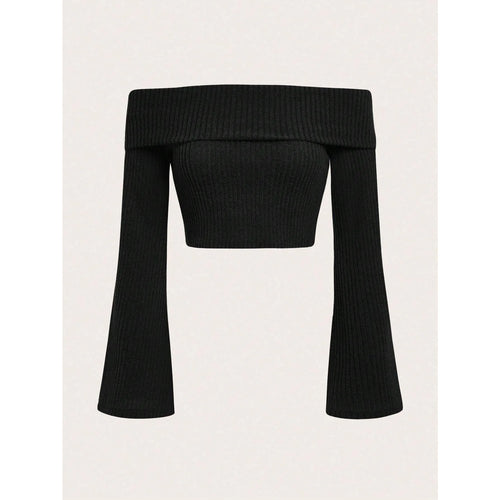 Obsidian Phoenix Women's Luxury Off-Shoulder Rib-Knit Crop Top - Sexy Flare Sleeve Fleece Blouse