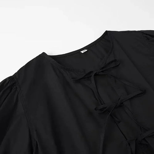 Obsidian Phoenix Women's Chic Lace-Up Blouse - Fashion Solid Hollow Out O-Neck Short Sleeve Casual Streetwear Top