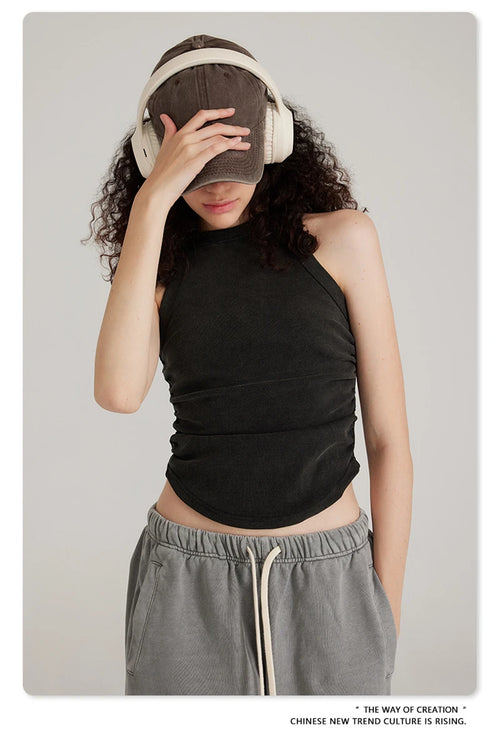 Obsidian Phoenix Women's Luxury Washed Cotton Tank Top - 315gsm Slim-Fit Pleated Arc-Hem Camisole