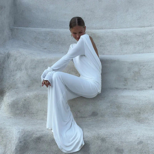 Celestial Comfort Backless White Long Sleeve Dress - Slim Fit, Pleated Elegant Design, Round Neck Evening Gown - Celestial Comfort Clothing