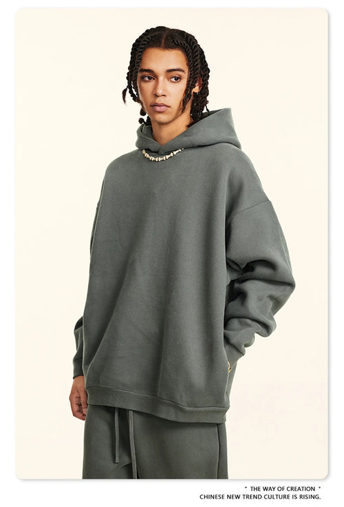 Obsidian Phoenix Unisex Luxury Solid Fleece Hoodie - 345gsm Loose-Fit Warm Hooded Pullover with Side Zipper Pockets