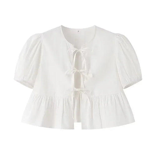 Obsidian Phoenix Women's Chic Lace-Up Blouse - Fashion Solid Hollow Out O-Neck Short Sleeve Casual Streetwear Top