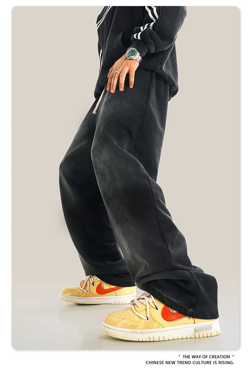 Obsidian Phoenix Unisex Luxury Monkey Washed Fleece Pants - 370gsm High Street Warm Oversized Straight Sweatpants