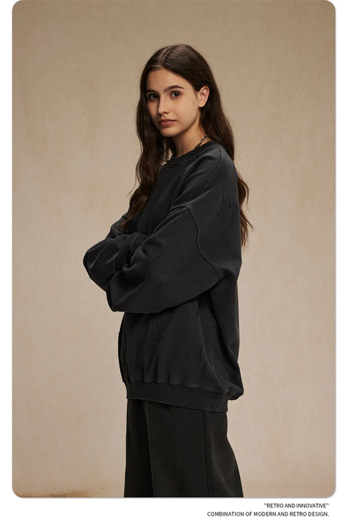 Obsidian Phoenix Unisex Luxury Distressed Cotton Sweatshirt - 430gsm High Street Loose-Fit O-Neck Pullover with Ripped Holes