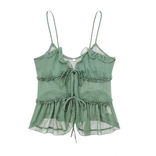 Celestial Comfort Ruffled Front Tie Tank Top - Semi-Sheer, Backless with Thin Straps, Sexy Women’s Camisole - Celestial Comfort Clothing