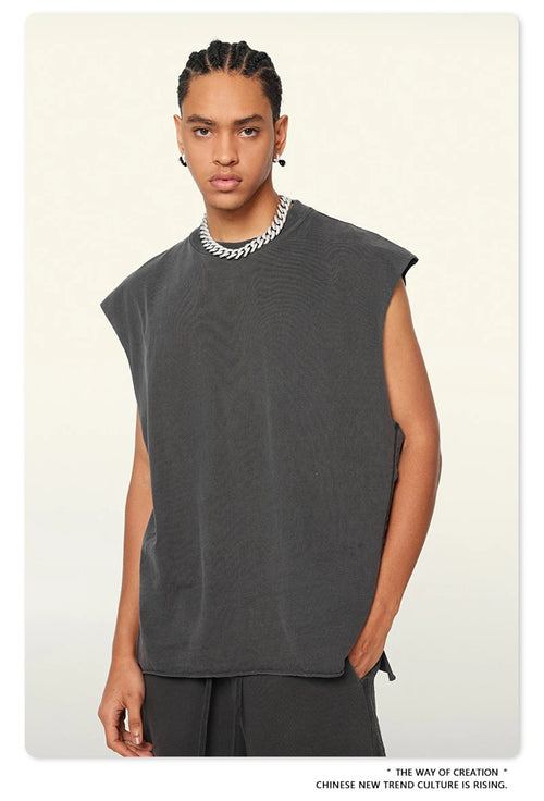 Obsidian Phoenix Unisex Luxury Washed Cotton Tank Top - 270gsm Vintage Relaxed-Fit Slit Sleeveless Vest