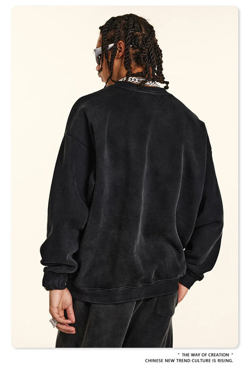 Obsidian Phoenix Unisex Luxury Monkey Washed Fleece Sweatshirt - 332gsm Vintage Loose-Fit Knitted O-Neck Pullover