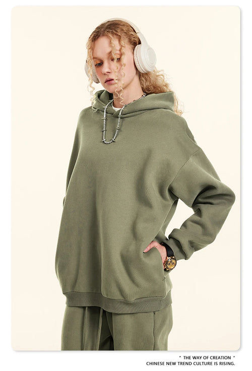 Obsidian Phoenix Unisex Luxury Solid Fleece Hoodie - 345gsm Loose-Fit Warm Hooded Pullover with Side Zipper Pockets