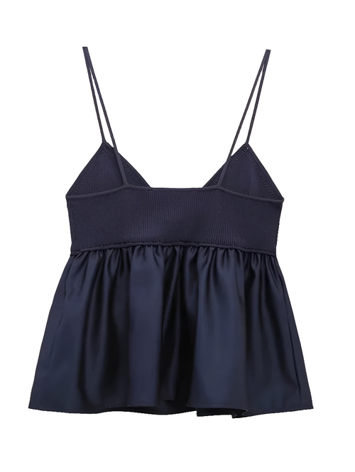 Obsidian Phoenix V-Neck Knit Patchwork Blouse - Pleated Hem, Sling Smock Design, Chic Women's Top
